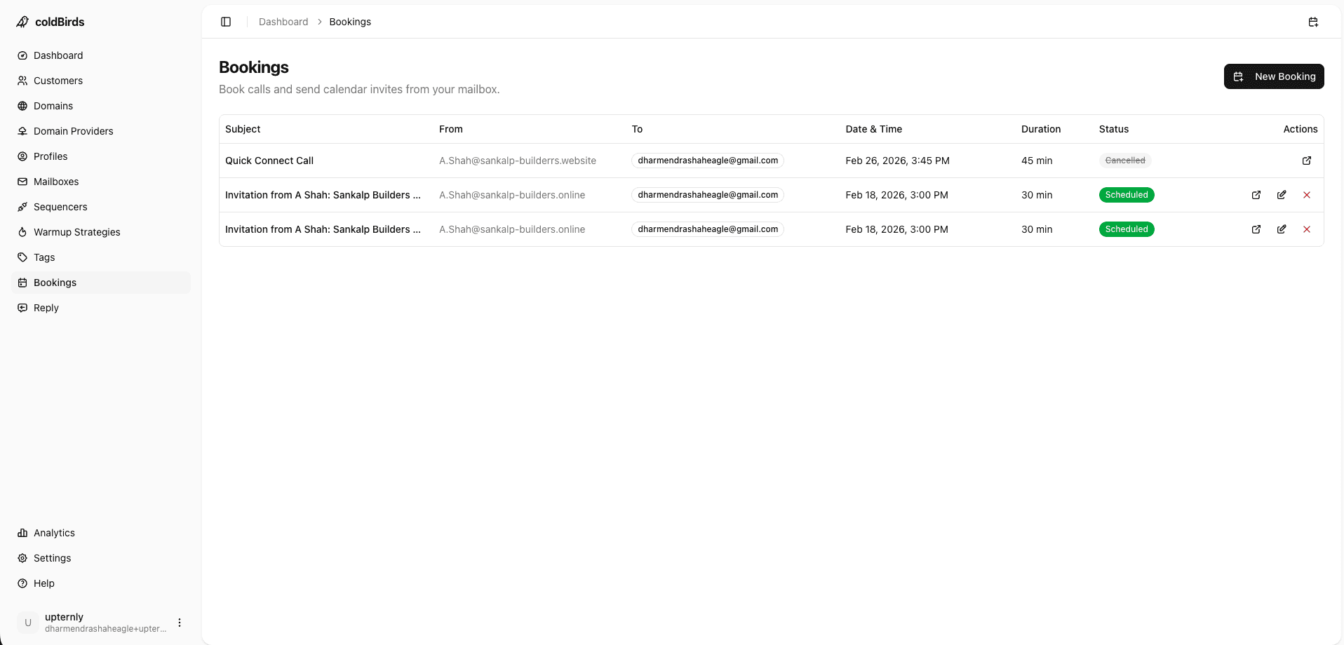 coldBirds dashboard — Booking Calendar