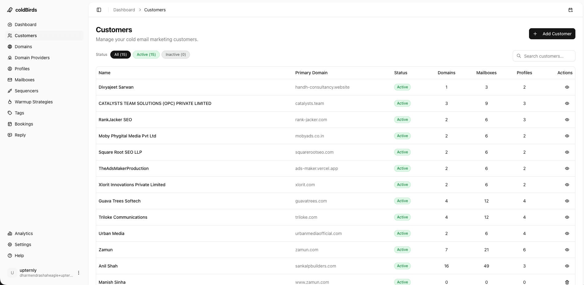Client onboarding dashboard in coldBirds — showing new client setup flow, active client list with per-client health summary, and one-click drill-down into individual account details