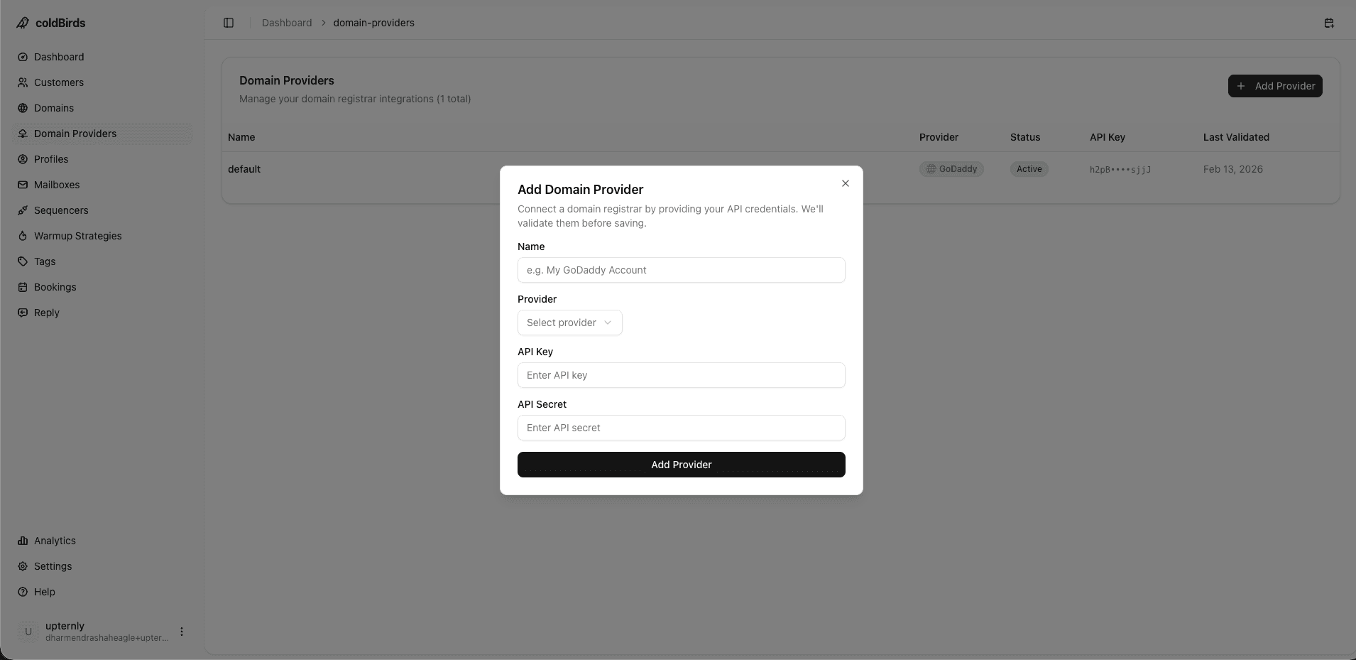 Mailbox provider selection in coldBirds — Google Workspace, Microsoft 365, and Azure mailboxes provisioned with dedicated IPs and auto-configuration, shown with per-mailbox health indicators