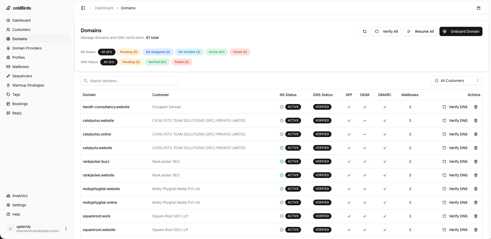 Domain management screen in coldBirds — showing sending domains per client with DNS status (SPF/DKIM/DMARC), automatic renewal flags, and domain health scores