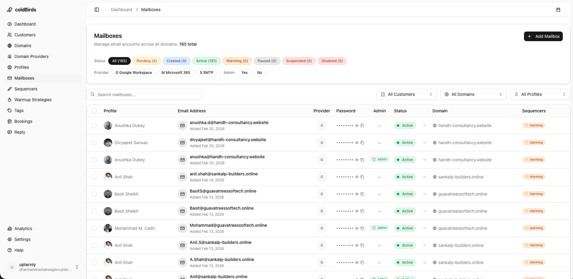 Full-stack infrastructure service in action — coldBirds dashboard showing provisioned client accounts, domain health, warmup progress, and fleet-level monitoring across all active mailboxes