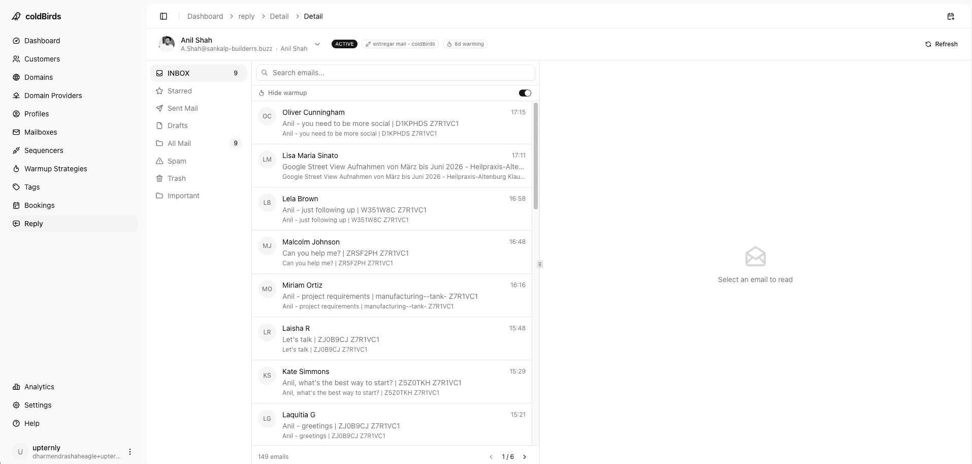 Fleet-level view inside coldBirds — showing all client mailboxes, health statuses, warmup progress, and provider breakdown across a 320-mailbox agency account
