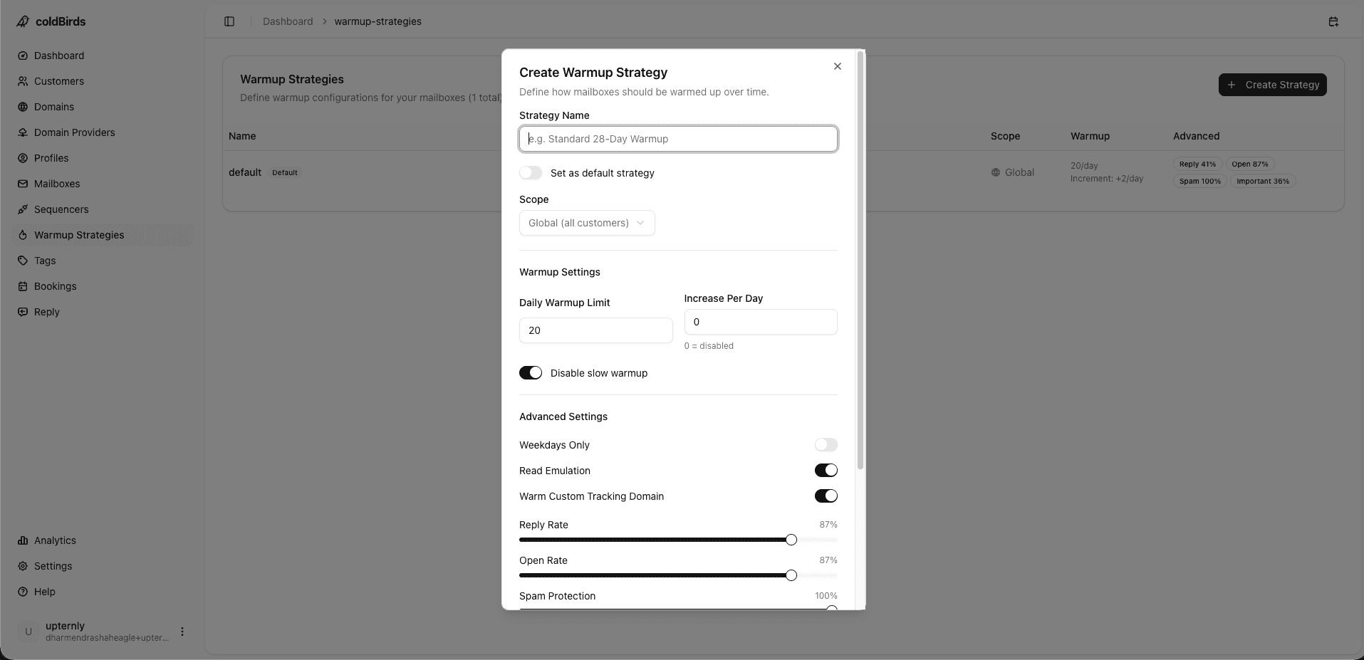 Warmup strategy setup panel in coldBirds — showing 11 configurable warmup parameters, 3-tier cascade settings, and bulk warmup controls for applying warmup across all mailboxes simultaneously